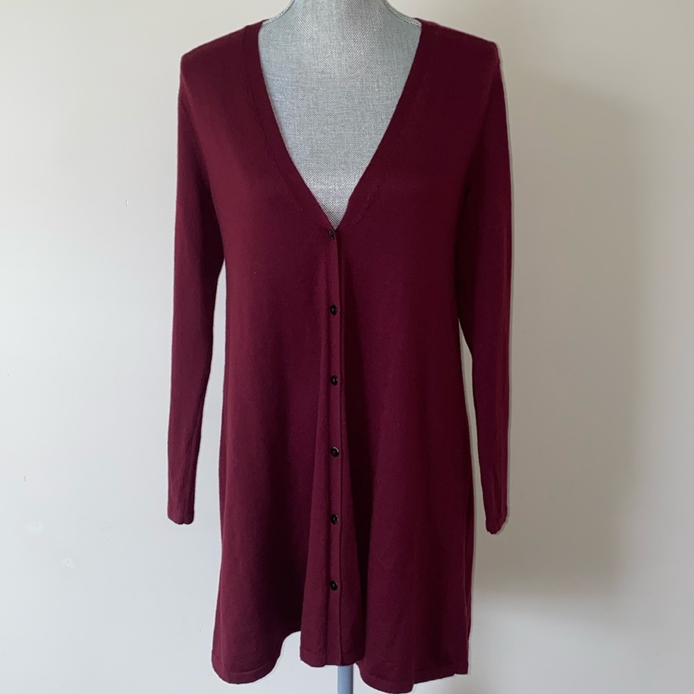 J Jill V Neck Button Front Longline Cardigan Duster Burgundy Red Size Small